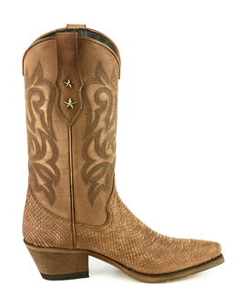 Mayura Boots Alabama 2524 Cognac Lavado/ Dames Westernlaars Pythonprint Spitse Neus 5 cm Hak Hoge Schacht Echt Leer