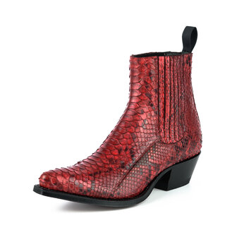 Mayura Boots 2496P Rood/ Python Dames Western Enkellaarzen Spitse Neus Cowboyhak Elastiek Sluiting Echt Leer