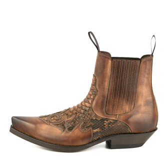 Mayura Boots Rock 2500 Cognac/ Spitse Western Heren Enkellaars Python Schuine Hak Elastiek Sluiting Vintage Look