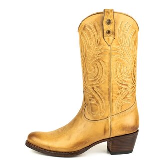 Mayura Boots 2526 Vanille Zandkleur Dames Boho Western Laarzen Blad Motief Sierstiksel Ronde Neus Schuine Hak Glad Leer Zijkant