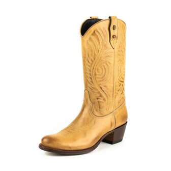 Mayura Boots 2526 Vanille Zandkleur Dames Boho Western Laarzen Blad Motief Sierstiksel Ronde Neus Schuine Hak Glad Leer  Aanzic