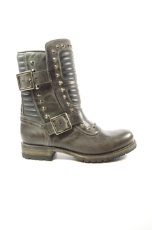 Sendra Boots 11720 Chiquita Grijs Dames Biker Casual Fashion Motorlaarzen Ronde Neus Anti Slip Zool Gesp Sluiting Studs Echt Leer