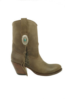 Sendra Boots 10748 Laly Donker Taupe Dames Enkellaars Schuine Hoge Hak Lederen Zool  Ronde Neus Concho Turquoise Vlechtwerk Echt Leer