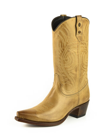 Mayura Boots Virgi 2536 Zandkleur/Vanille Geel Dames Western Laarzen Sierstiksel Spitse Neus Rechte Schacht Hoge Hak Glad Leer 