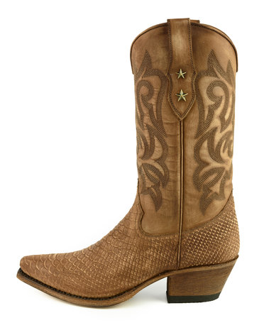 Mayura Boots Alabama 2524 Cognac Lavado/ Dames Westernlaars Pythonprint Spitse Neus 5 cm Hak Hoge Schacht Echt Leer