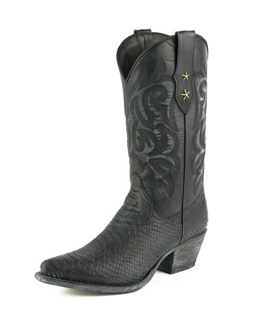 Mayura Boots Alabama 2524 Zwart Lavado/ Dames Westernlaars Pythonprint Spitse Neus 5 cm Hak Hoge Schacht Echt Leer Voorkant