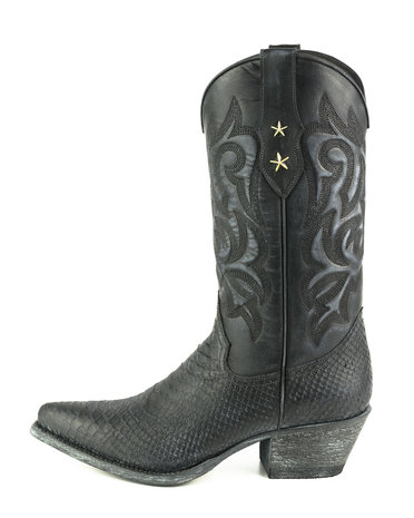 Mayura Boots Alabama 2524 Zwart Lavado/ Dames Westernlaars Pythonprint Spitse Neus 5 cm Hak Hoge Schacht Echt Leer Zijkant