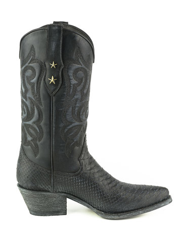 Mayura Boots Alabama 2524 Zwart Lavado/ Dames Westernlaars Pythonprint Spitse Neus 5 cm Hak Hoge Schacht Echt Leer