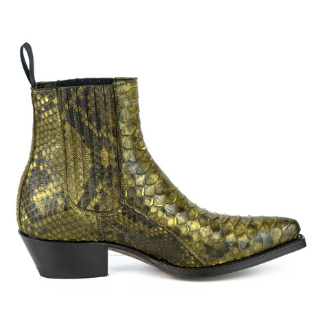 Mayura Boots 2496P Kahki/ Python Dames Western Enkellaarzen Spitse Neus Cowboyhak Elastiek Sluiting Echt Leer