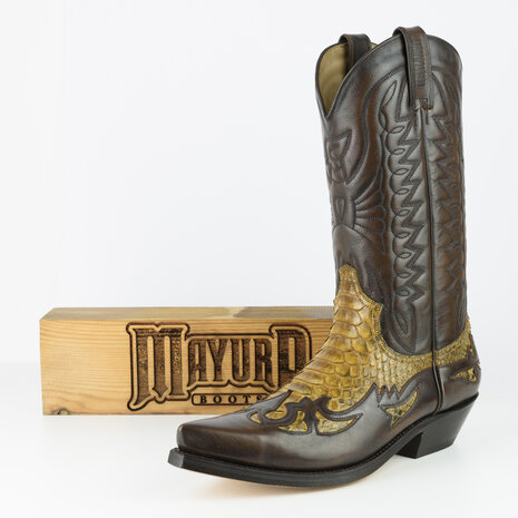 Mayura Boots 1935P Bruin/ Camel Phyton- Spitse Cowboy Western Laarzen Schuine Hak Rechte Schacht Treklussen Goodyear Welted