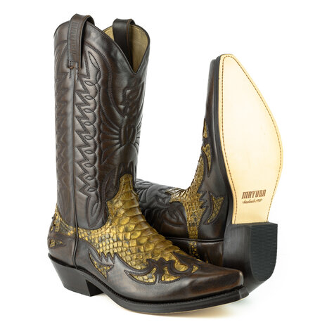 Mayura Boots 1935P Bruin/ Camel Phyton- Spitse Cowboy Western Laarzen Schuine Hak Rechte Schacht Treklussen Goodyear Welted