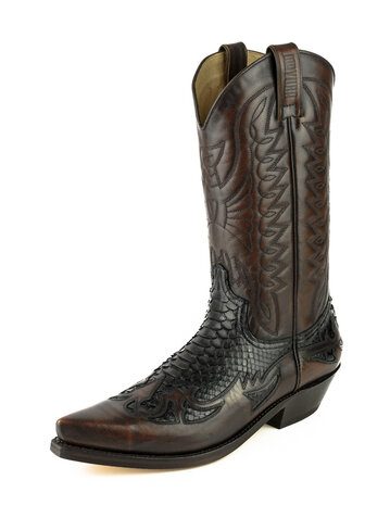 Mayura Boots 1935P Bruin/ Zwart Phyton Spitse Cowboy Western Laarzen Schuine Hak Rechte Schacht Treklussen Goodyear Welted