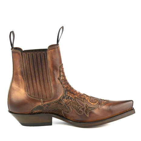 Mayura Boots Rock 2500 Cognac/ Spitse Western Heren Enkellaars Python Schuine Hak Elastiek Sluiting Vintage Look