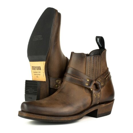 Mayura Boots 1444 Bruin/ Biker Cowboy Western Enkellaars Heren Dames Vierkante Neus Vast Spoor Elastiek Sluiting Vintage Geolie