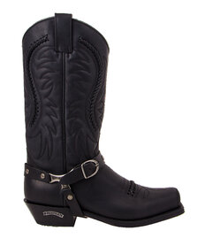 Sendra Boots 3434 Sam Zwart Biker Western Boots Vierkante Neus Lederen zool Sier vlechtwerk op wreef en schacht Echt Leer