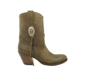 Sendra Boots 10748 Laly Donker Taupe Dames Enkellaars Schuine Hoge Hak Lederen Zool  Ronde Neus Concho Turquoise Vlechtwerk Echt Leer