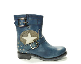 Sendra Boots 10796 Chiquita Blauw Fasion Biker Boots Ronde Neus Platte Hak Ster Studs Anti Slip zool Echt leer