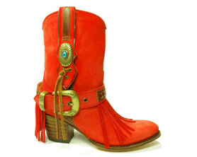 Sendra Boots 11970 Laly Rood Dames Enkellaars Nubuck Ronde Neus Hoge hak Sierspoor Koper Gespen