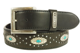 Sendra Riem 1102 Zwart Dames Heren riem Uitgestanste Sterren Concho's met Turquiose Verwisselbare Gesp Cowboy- Western Ibiza Gipsy 4cm brede Jeans Broekriem