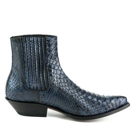 Mayura Boots 2575 Marine Blauw Python Spitse Western Heren Enkellaars Schuine Hak Elastiek Sluiting 