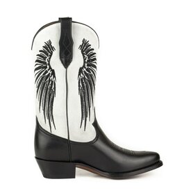 Mayura Boots WINGS 2666 Wit Zwart Dames Western Laarzen Vleugels Sierstiksel Spitse Neus Schuine Hak Mat En Suede Leer