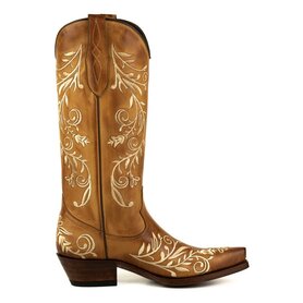 Mayura Boots 2669 Cognac/ Spitse Cowboy Western Line Dance Dames  Creme Geborduurd Bloemmotief Laarzen Schuine Hak Echt Leer Borduren