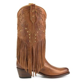 Mayura Boots 2475 Cognac Dames Boho Franjes Western Laarzen Sierstiksel Ronde Neus Schuine Hak Glanzend Leer 