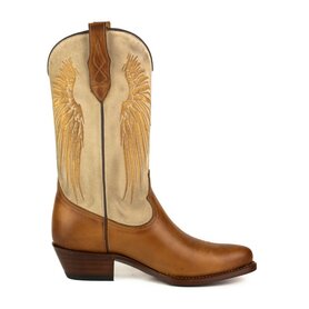 Mayura Boots WINGS 2666 Cognac Bruin Offwhite Creme Dames Western Laarzen Vleugels Sierstiksel Spitse Neus Schuine Hak Mat En Suede Leer