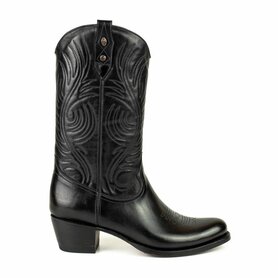 Mayura Boots 2526 Zwart Dames Boho Western Laarzen Blad Motief Sierstiksel Ronde Neus Schuine Hak Glad Leer 